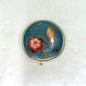 Vintage Cloisonné Enamel Pill Trinket Box Floral & Butterfly Round Hinged